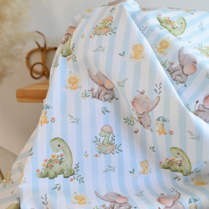 Tissu cretonne coton Ellie motif dinosaures et éléphants -  OEKO TEX