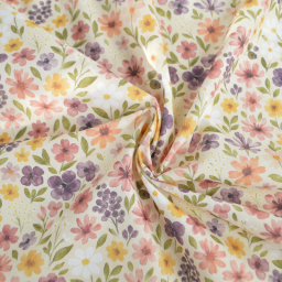 Tissu cretonne coton Rozenn motif fleurs beiges et roses -  OEKO TEX