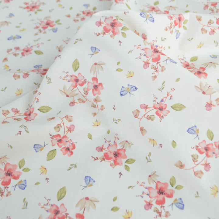 Tissu cretonne coton Amael motif fleurs roses fond écru - OEKO TEX