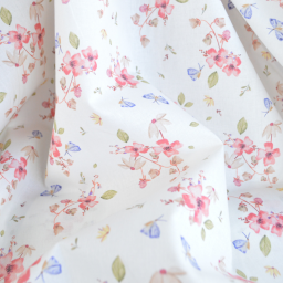 Tissu cretonne coton Amael motif fleurs roses fond écru - OEKO TEX