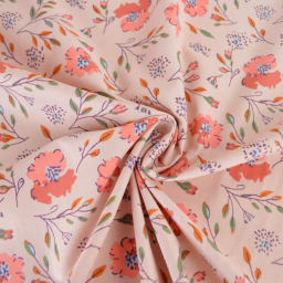 Tissu cretonne coton Josy motif fleurs rouges fond pêche - OEKO TEX