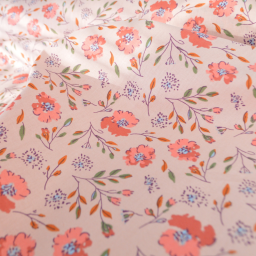 Tissu cretonne coton Josy motif fleurs rouges fond pêche - OEKO TEX