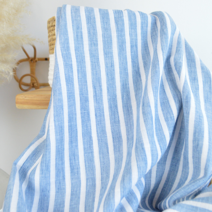 Tissu fluide polyester aspect Lin à rayures Bleu et blanc