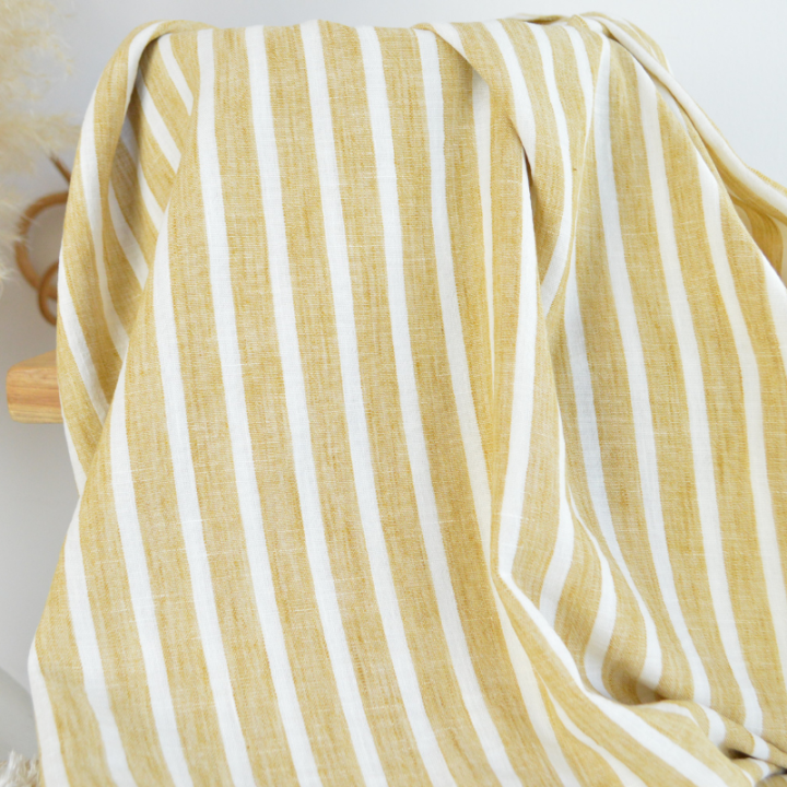 Tissu fluide polyester aspect Lin à rayures Ocre et blanc