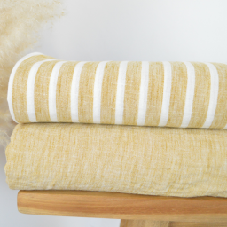 Tissu fluide polyester aspect Lin à rayures Ocre et blanc