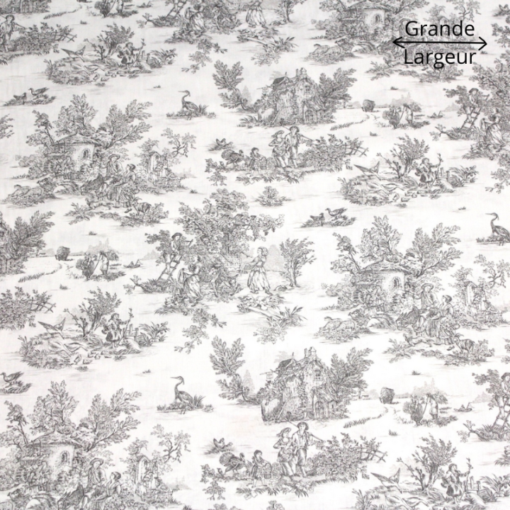 Tissu Toile de Jouy mini pastorale Gris et blanc - Grande Largeur