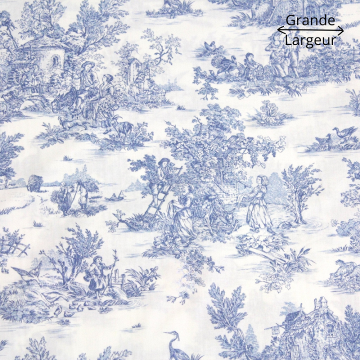 Tissu Toile de Jouy mini pastorale Bleu et blanc - Grande Largeur