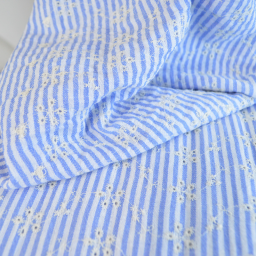 Coton brodé rayures bleu & blanc – effet lin