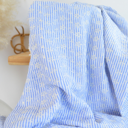 Tissu coton aspect lin à rayures bleu - Brodé fleurs
