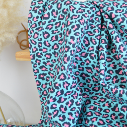 Tissu Popeline de coton motif léopard bleu turquoise