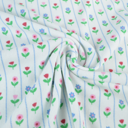 Tissu jersey côtelé petites fleurs et rayures fond blanc