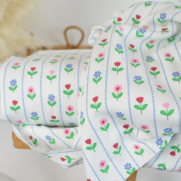 Tissu jersey côtelé petites fleurs et rayures fond blanc