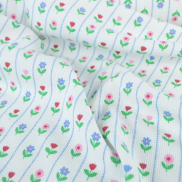 Tissu jersey côtelé petites fleurs et rayures fond blanc
