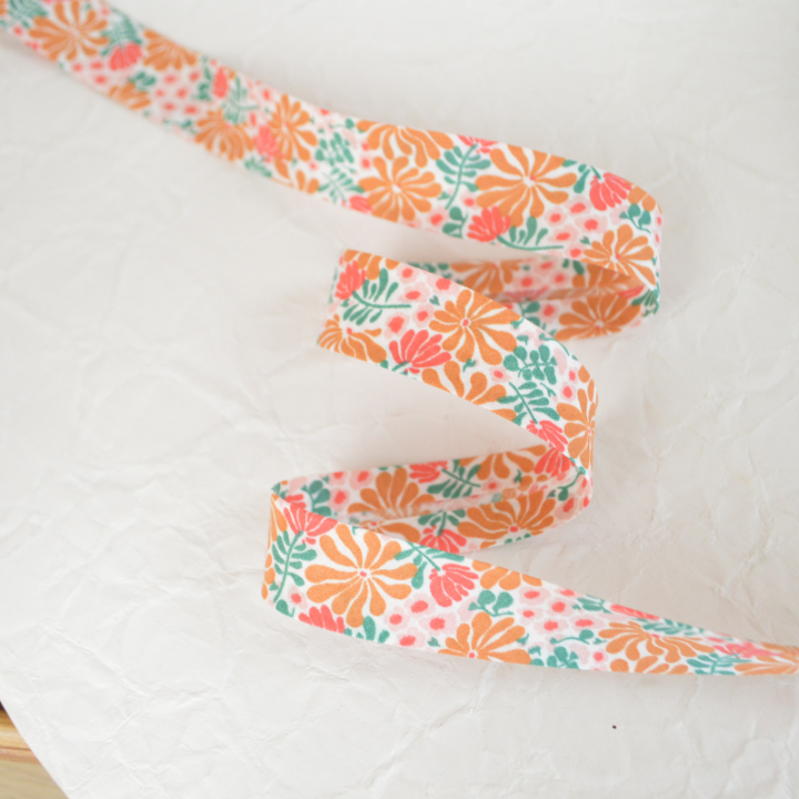 Biais replié fantaisie fleurette rose et corail