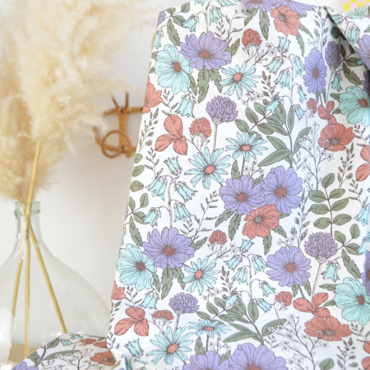 Tissu Popeline de coton fleurs parme et menthe - OEKO TEX