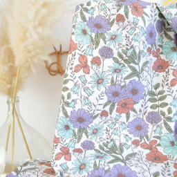 Tissu Popeline de coton fleurs parme et menthe - OEKO TEX