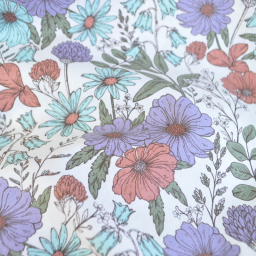 Tissu Popeline de coton fleurs parme et menthe - OEKO TEX