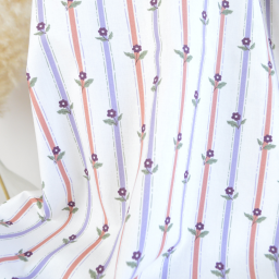 Tissu popeline coton fleuri rayures parme et corail - OEKO TEX