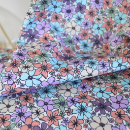 Tissu popeline coton fleurs parme, menthe et corail - OEKO TEX