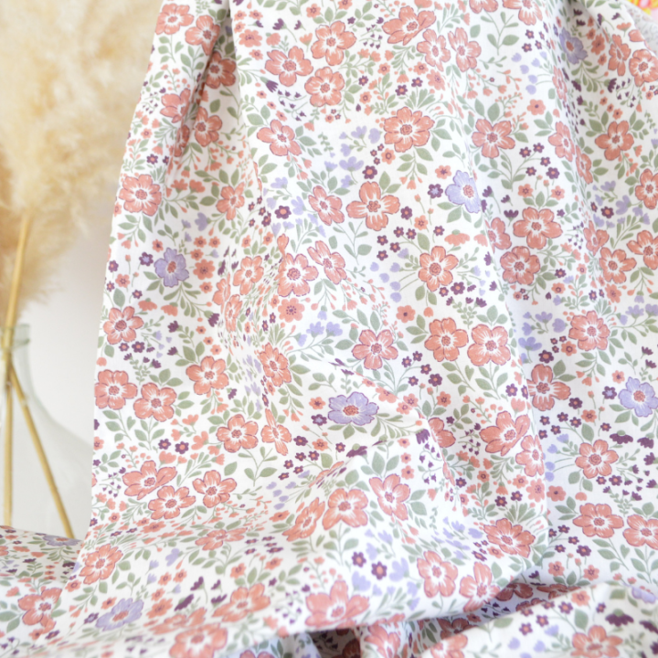 Tissu popeline coton Léontine fleurs parme, menthe et corail - OEKO TEX