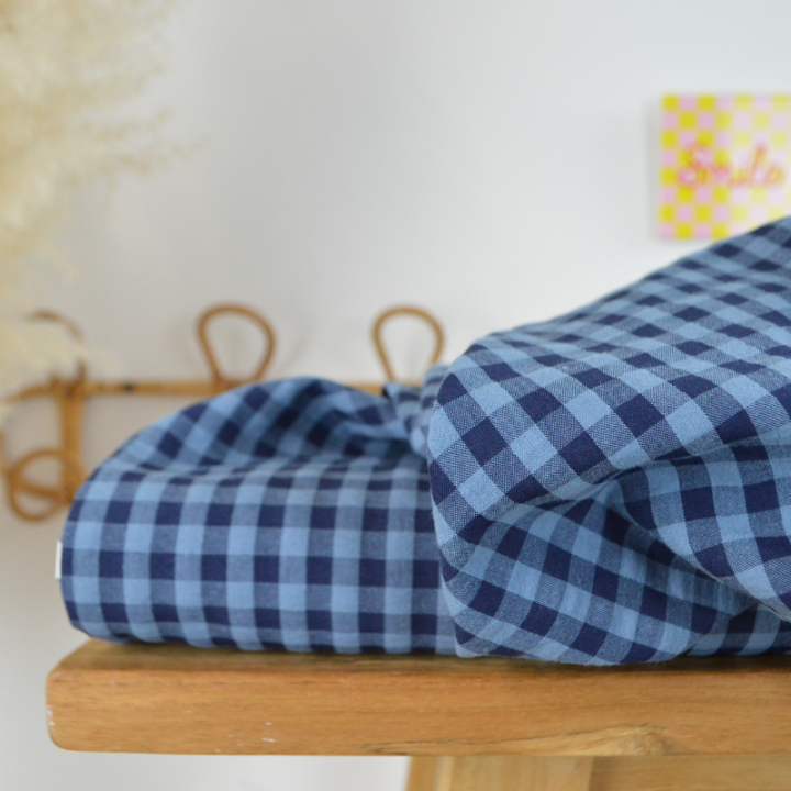 Tissu seersucker Vichy Grands carreaux Bleu marine et bleu