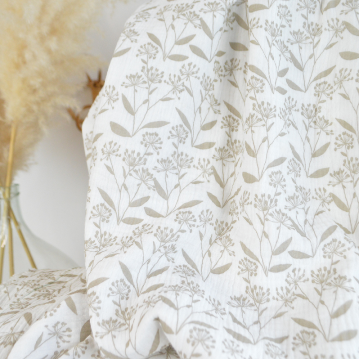 Tissu double gaze Alphonse motif fleurs fond blanc cassé - OEKO TEX