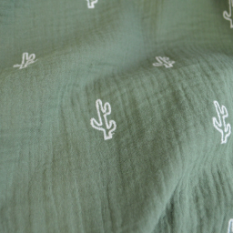 Tissu Double gaze brodée Cactus fond kaki - OEKO TEX
