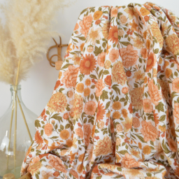 Tissu double gaze de coton Elisabeth motif fleurs tons orangés et rose