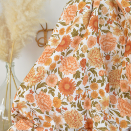 Tissu double gaze de coton Elisabeth motif fleurs tons orangés et rose