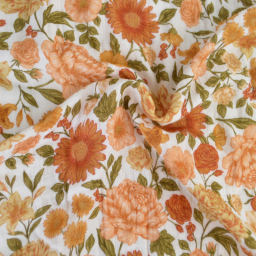Tissu double gaze de coton Elisabeth motif fleurs tons orangés et rose