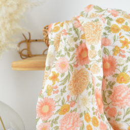 Tissu double gaze de coton Elisabeth motif fleurs tons roses et Abricot