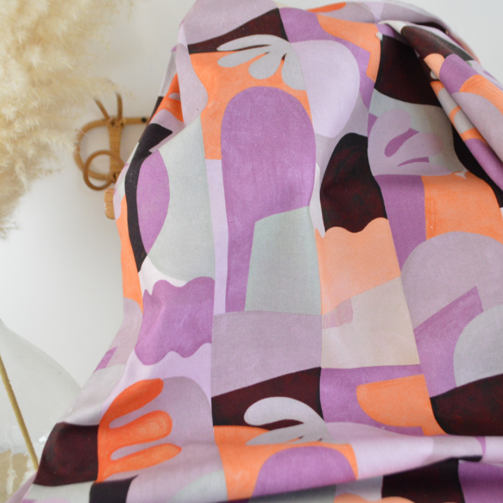 Tissu demi natté type bachette motif abstrait Lilas