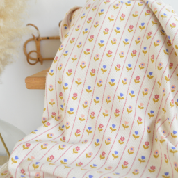 Tissu jersey côtelé petites fleurs et rayures fond écru