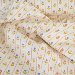 Tissu jersey côtelé petites fleurs et rayures fond écru