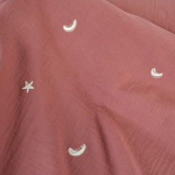 Tissu Double gaze brodée lunes et étoiles fond terracotta - OEKO TEX