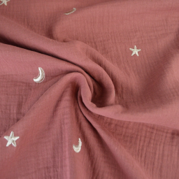 Tissu Double gaze brodée lunes et étoiles fond terracotta - OEKO TEX
