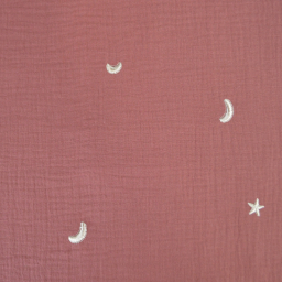 Tissu Double gaze brodée lunes et étoiles fond terracotta - OEKO TEX