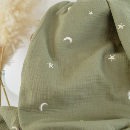 Tissu Double gaze brodée lunes et étoiles fond kaki - OEKO TEX