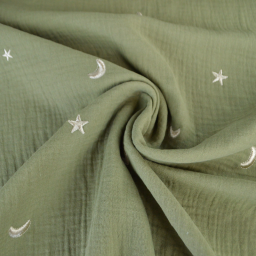 Tissu Double gaze brodée lunes et étoiles fond kaki - OEKO TEX
