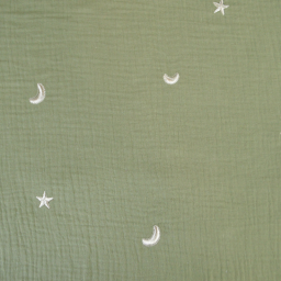 Tissu Double gaze brodée lunes et étoiles fond kaki - OEKO TEX