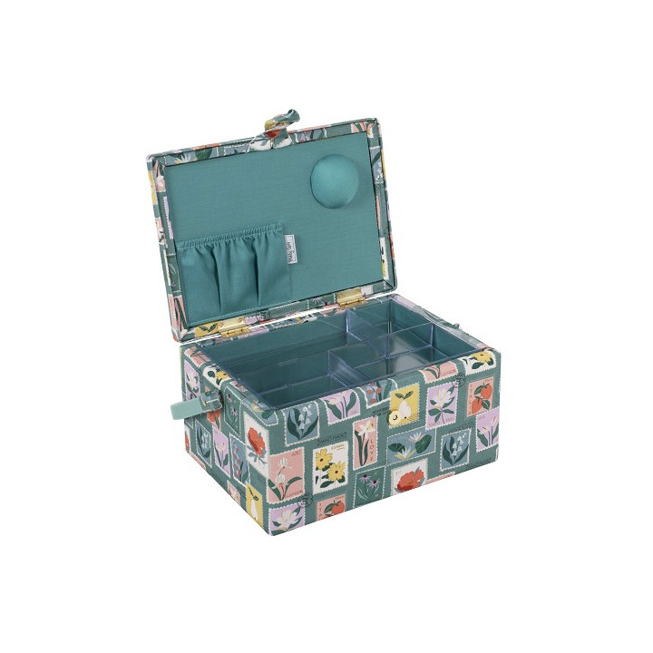 Boite à couture - Motif timbres et tampons fond vert