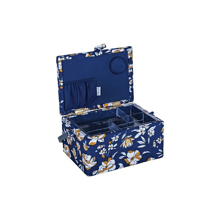 Boite à couture - Motif fleurs ocre fond bleu