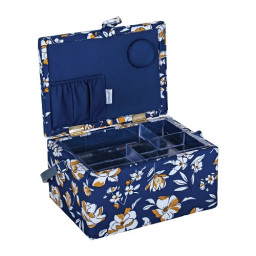 Boite à couture - Motif fleurs ocre fond bleu