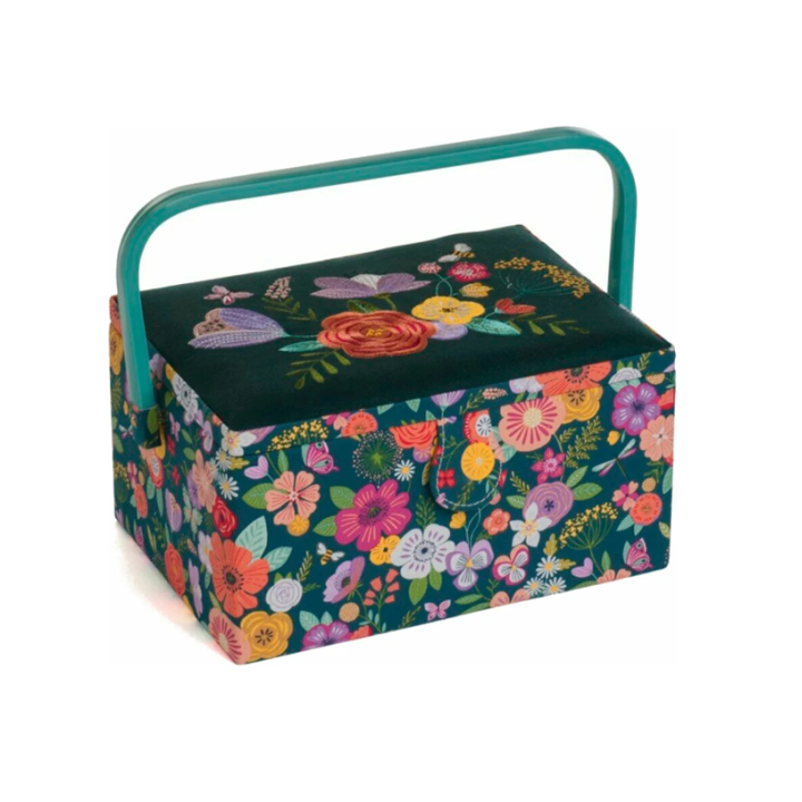 Boite à couture - Motif fleurs brodées fond vert