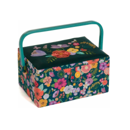 Boite à couture - Motif fleurs brodées fond vert