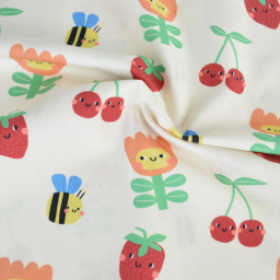 Tissu coton imprimé fleurs et fruits enfantins fond blanc cassé - OEKO TEX