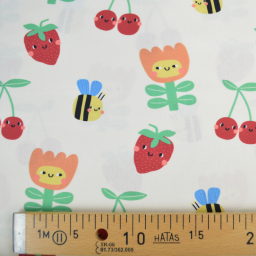 Tissu coton imprimé fleurs et fruits enfantins fond blanc cassé - OEKO TEX