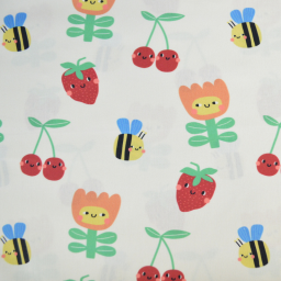 Tissu coton imprimé fleurs et fruits enfantins fond blanc cassé - OEKO TEX