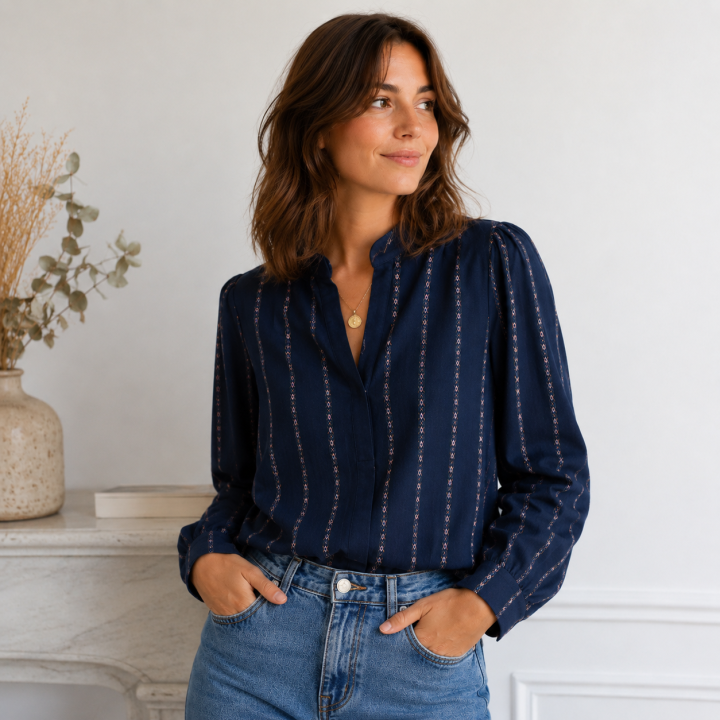 Voile de coton à rayures fines jacquard bleu marine