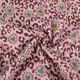 Tissu double gaze motif léopard et coeurs fond rose - OEKO TEX